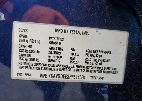 2023 Tesla Model Y from USA, damaged, VIN 7SAYGDEE3PF814331